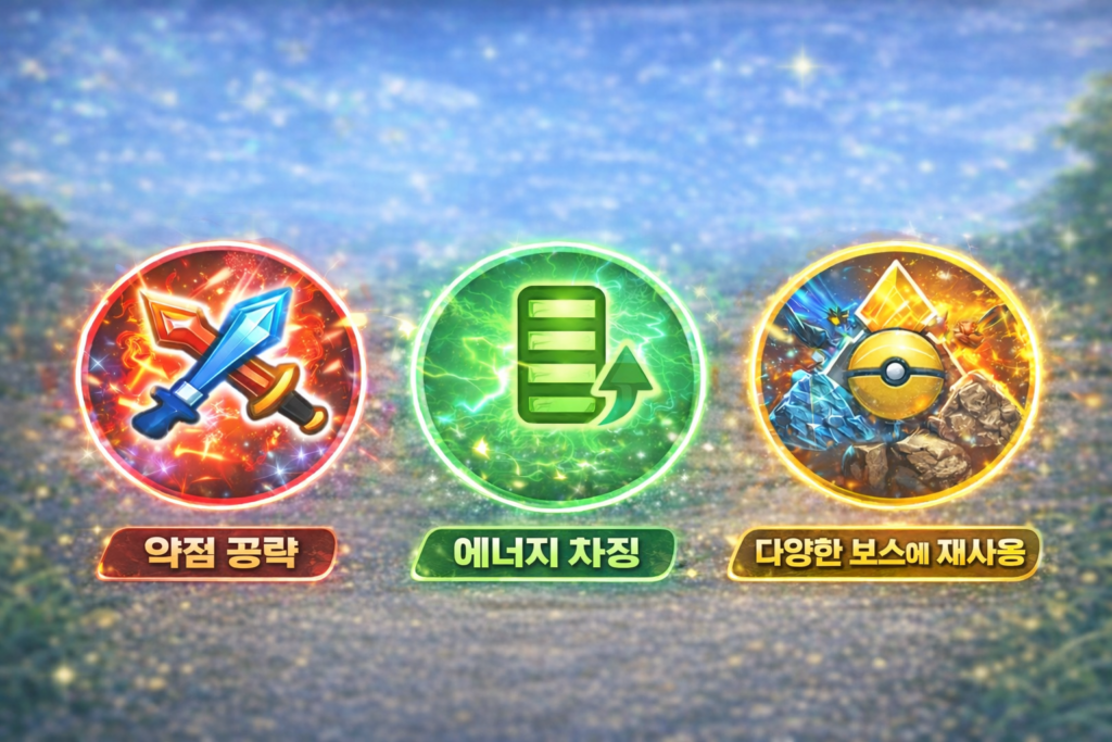 포켓몬고 레이드 초보 육성 핵심 요소인 약점 공략, 에너지 차징, 보스 재사용성을 나타낸 아이콘 이미지