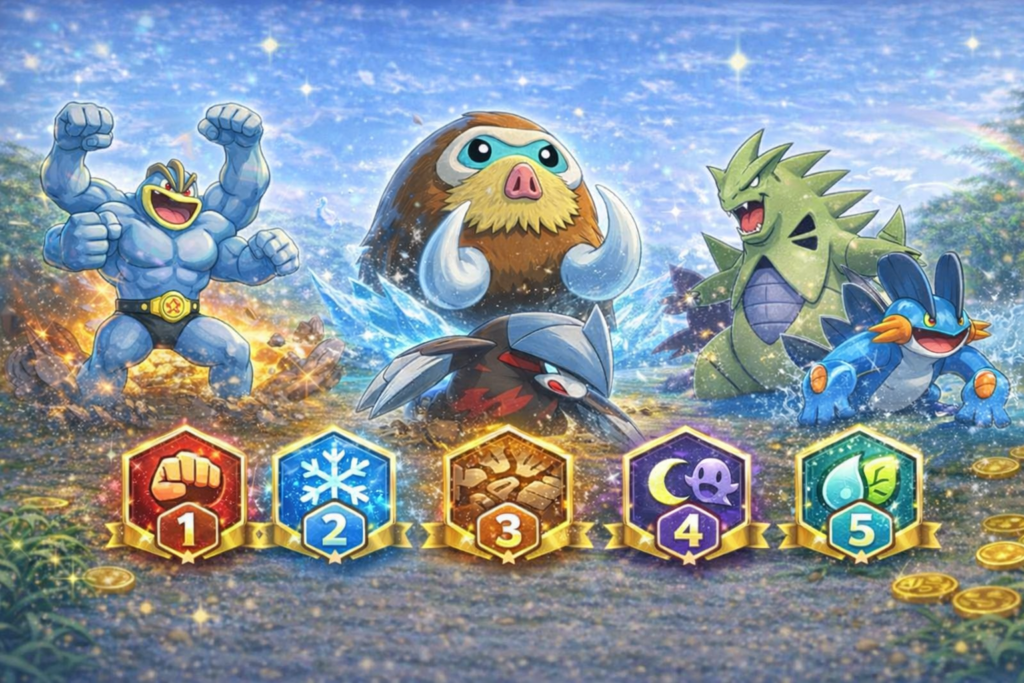 포켓몬고 레이드 초보자를 위한 주요 타입 딜러를 상징적으로 배치한 이미지